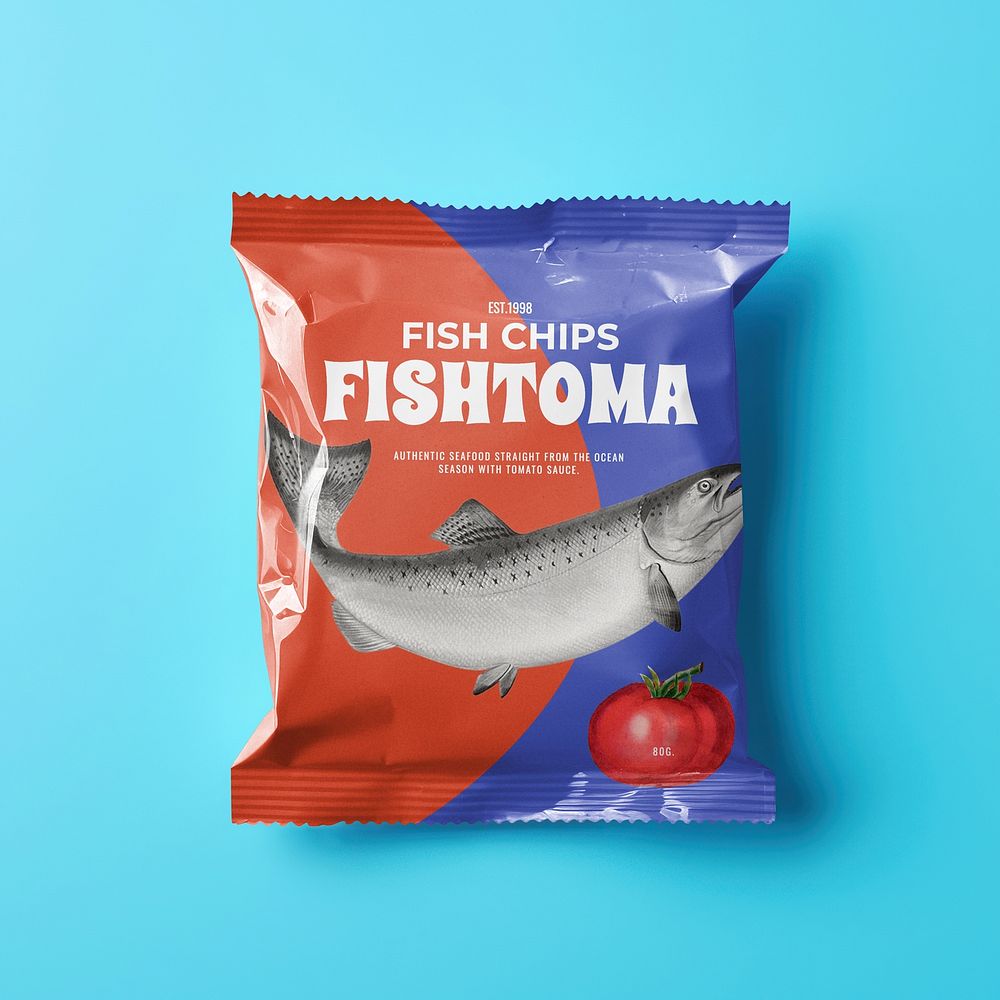 Blue and red fish chips snack bag
