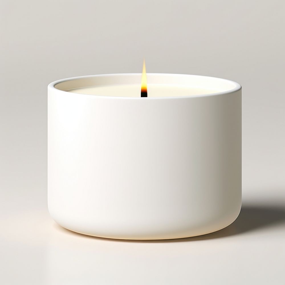 A white ceramic candle 3 wick with blank white label fire illuminated simplicity.
