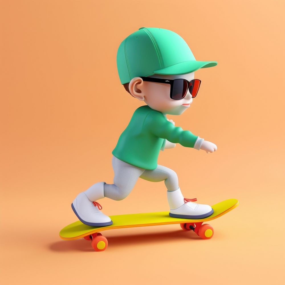 A kid posing with skateboard fashion cartoon helmet.