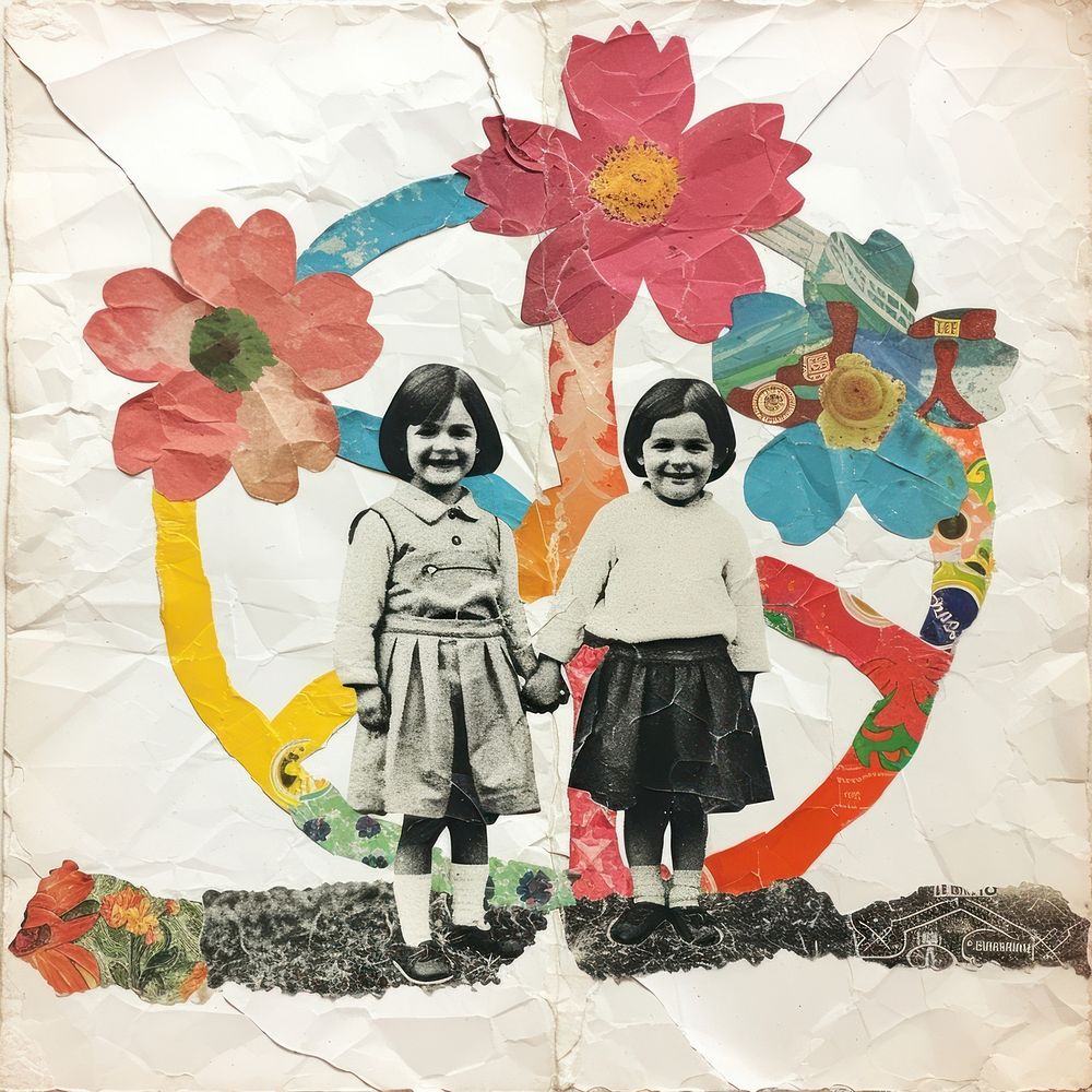 Paper collage of two kids smiling art painting child.