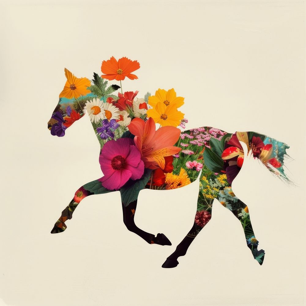 Paper collage of horse flower art painting.