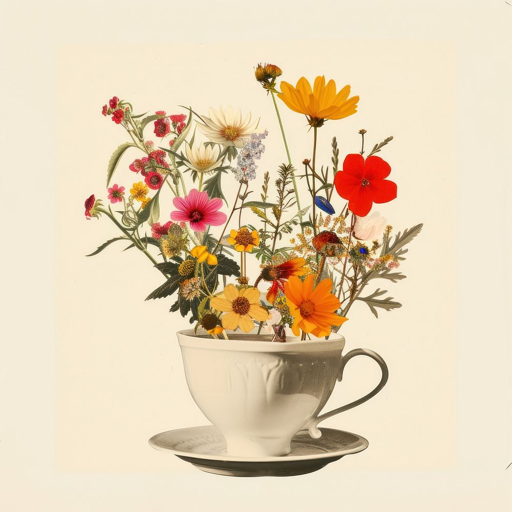 Paper collage of cup of tea flower art nature.