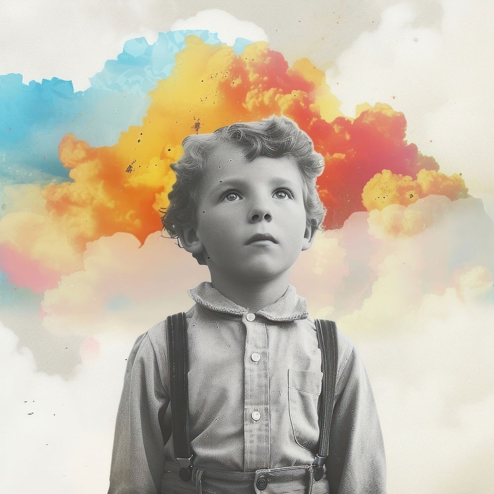 Collage of kid protrait cloud art sky.