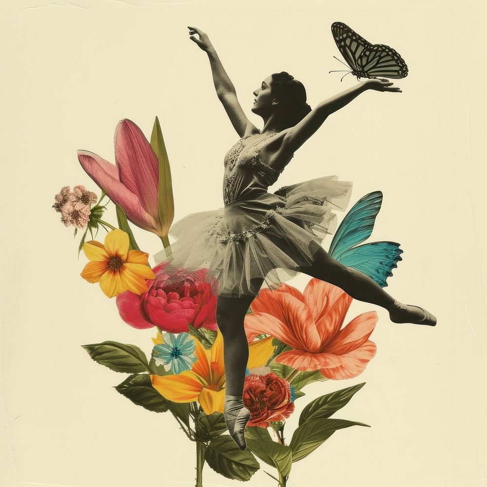 Collage of ballet girl dancing flower art butterfly.
