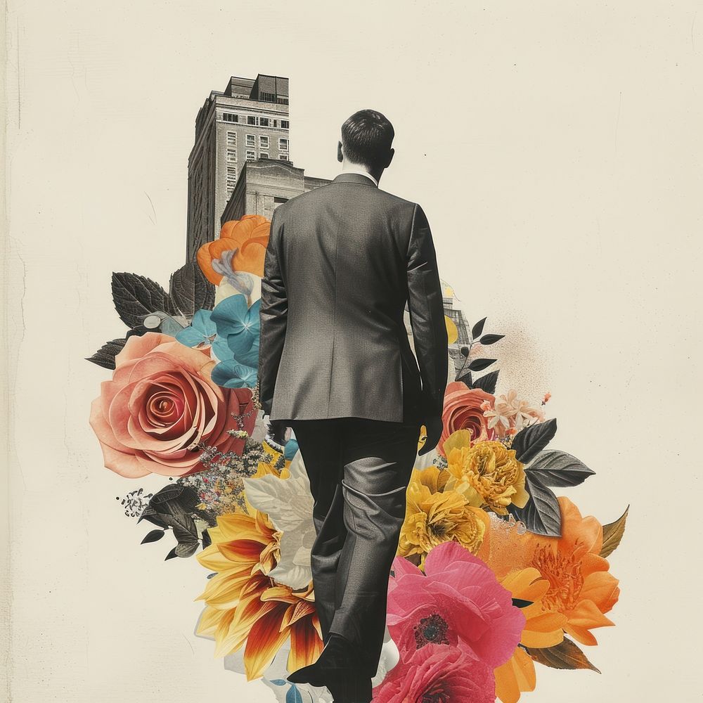 Paper collage of business man flower art painting.