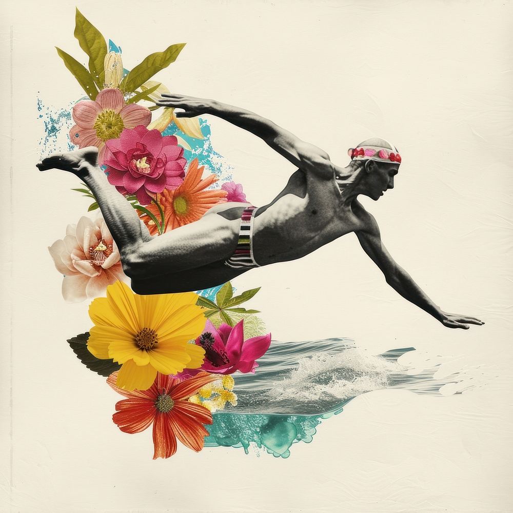 Swimmer jumping flower art painting.