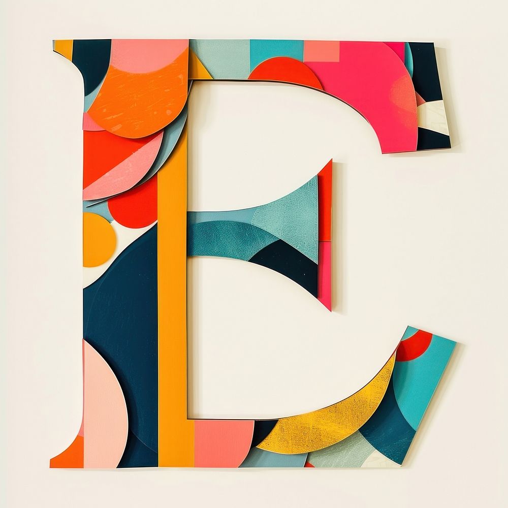 Alphabet E text art collage.