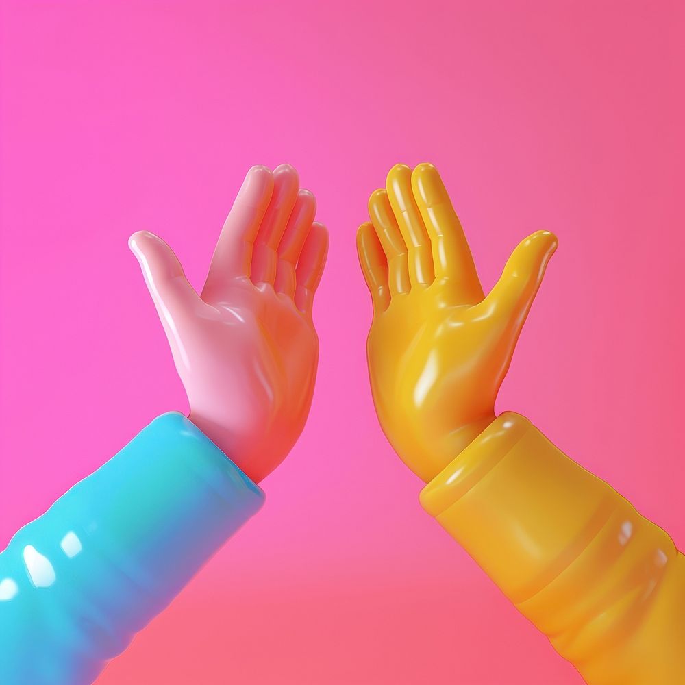 Two hands clapping in high-five gestures finger glove clothing.