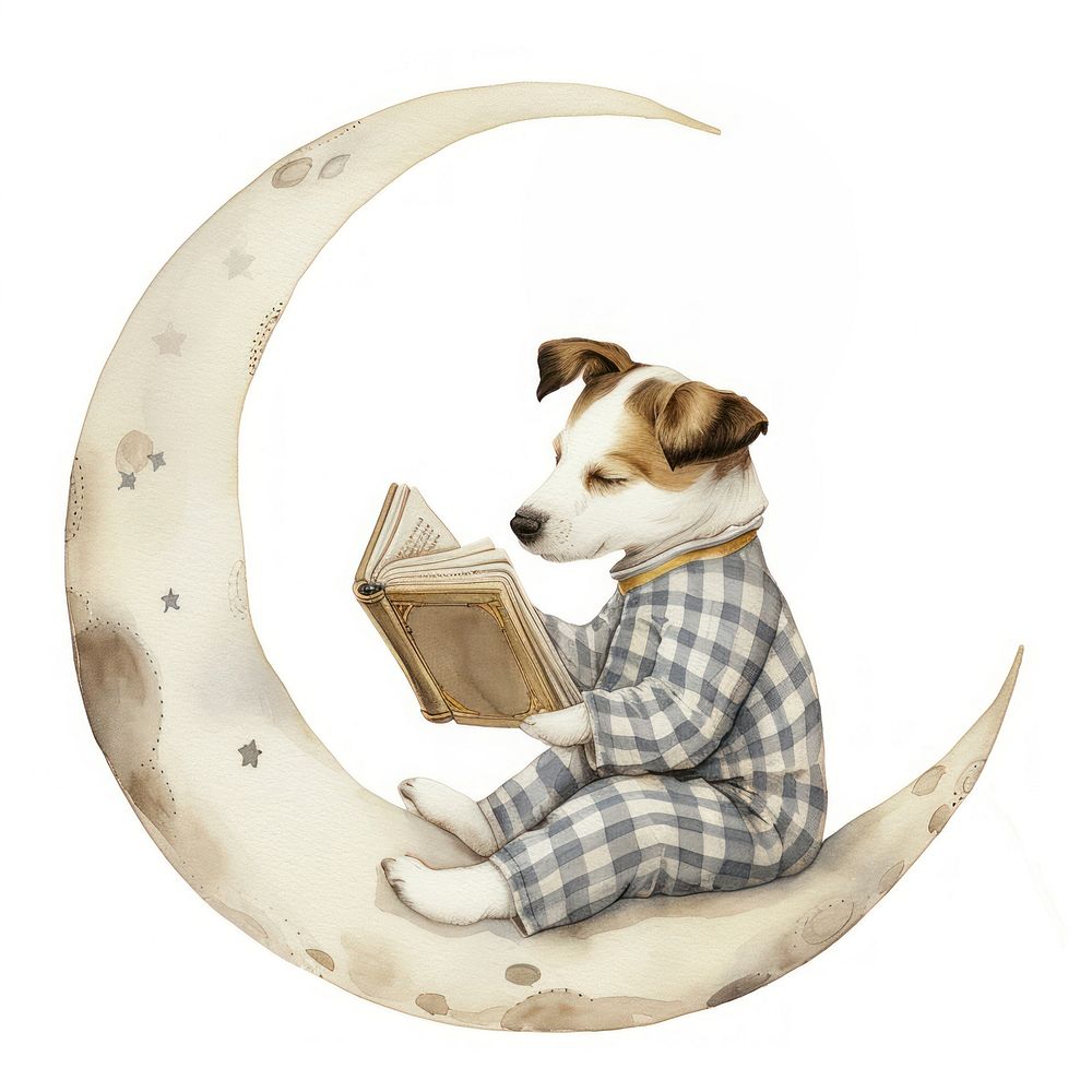 Cute dog watercolor moon reading mammal.