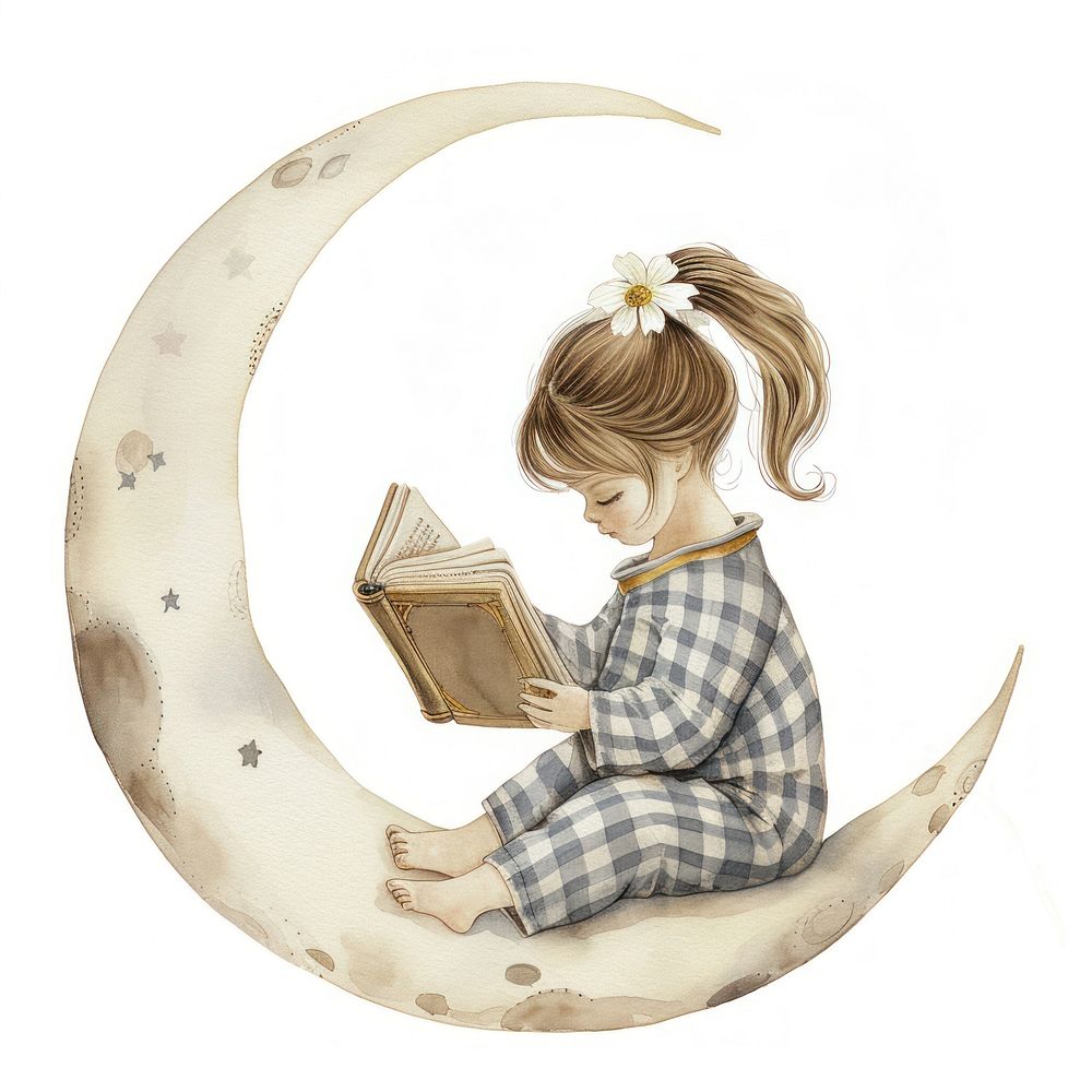 A girl watercolor moon reading holding.