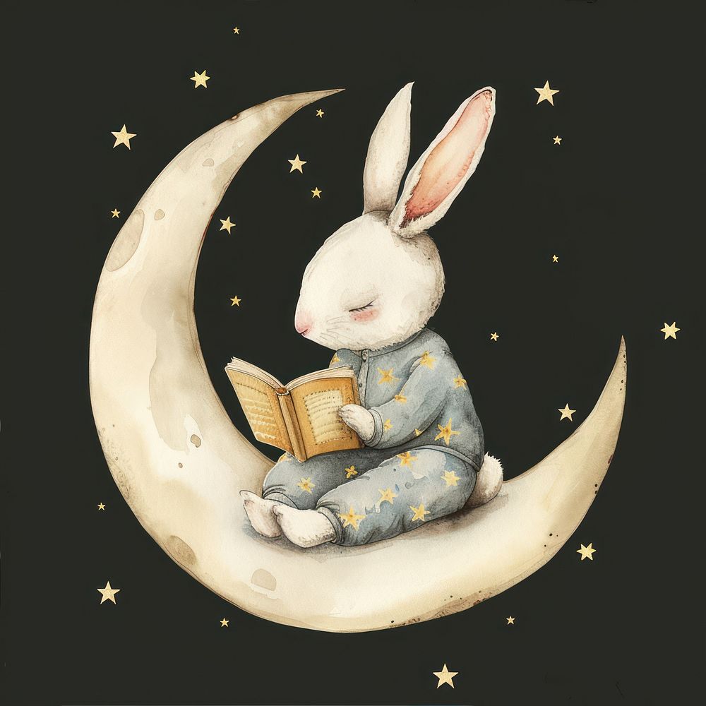 Rabbit watercolor mammal moon book.