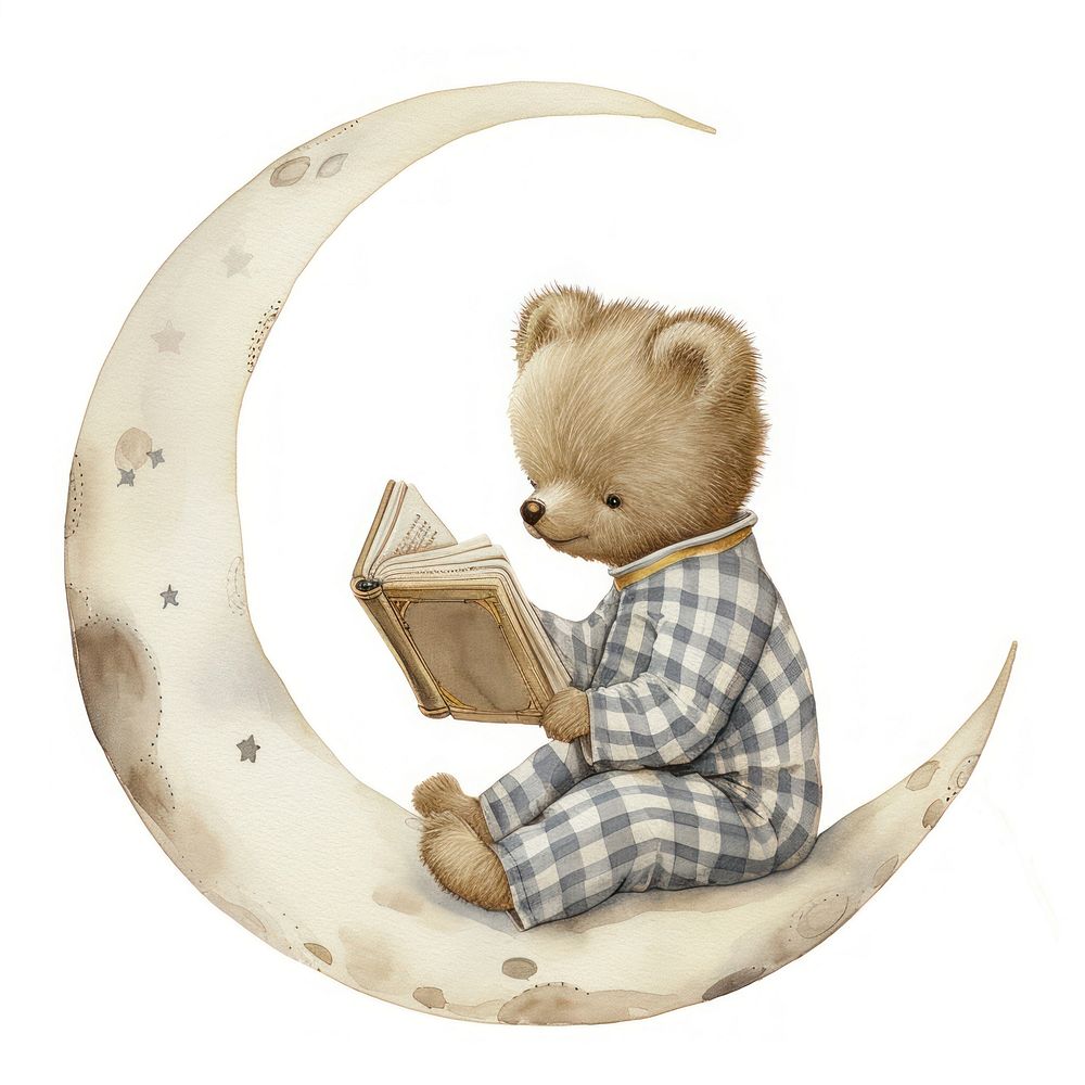 Teddy bear watercolor reading holding moon.
