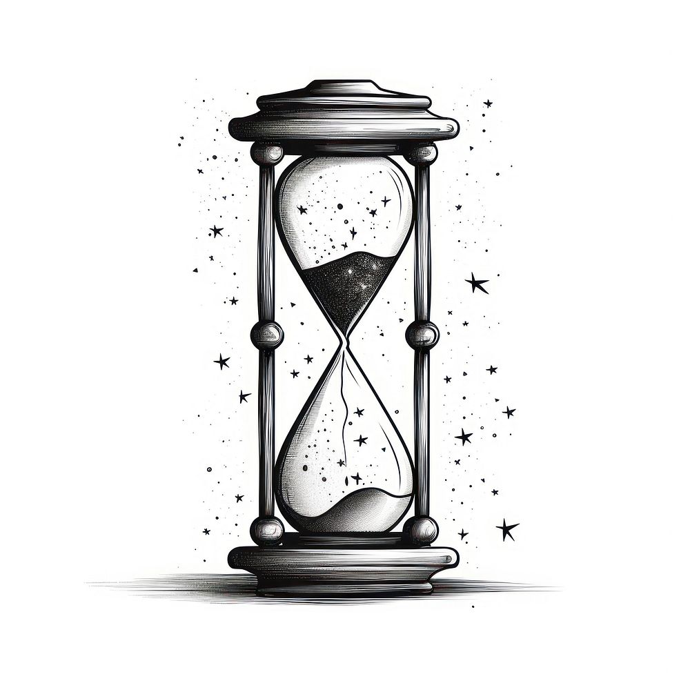 Illustration of magic hourglass drawing white background monochrome.
