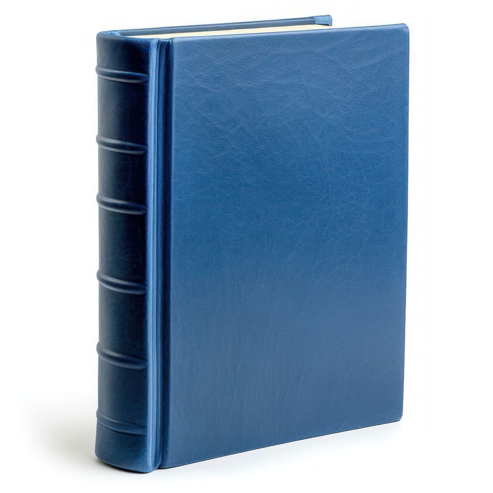 Blue hard cover book blue white background publication.