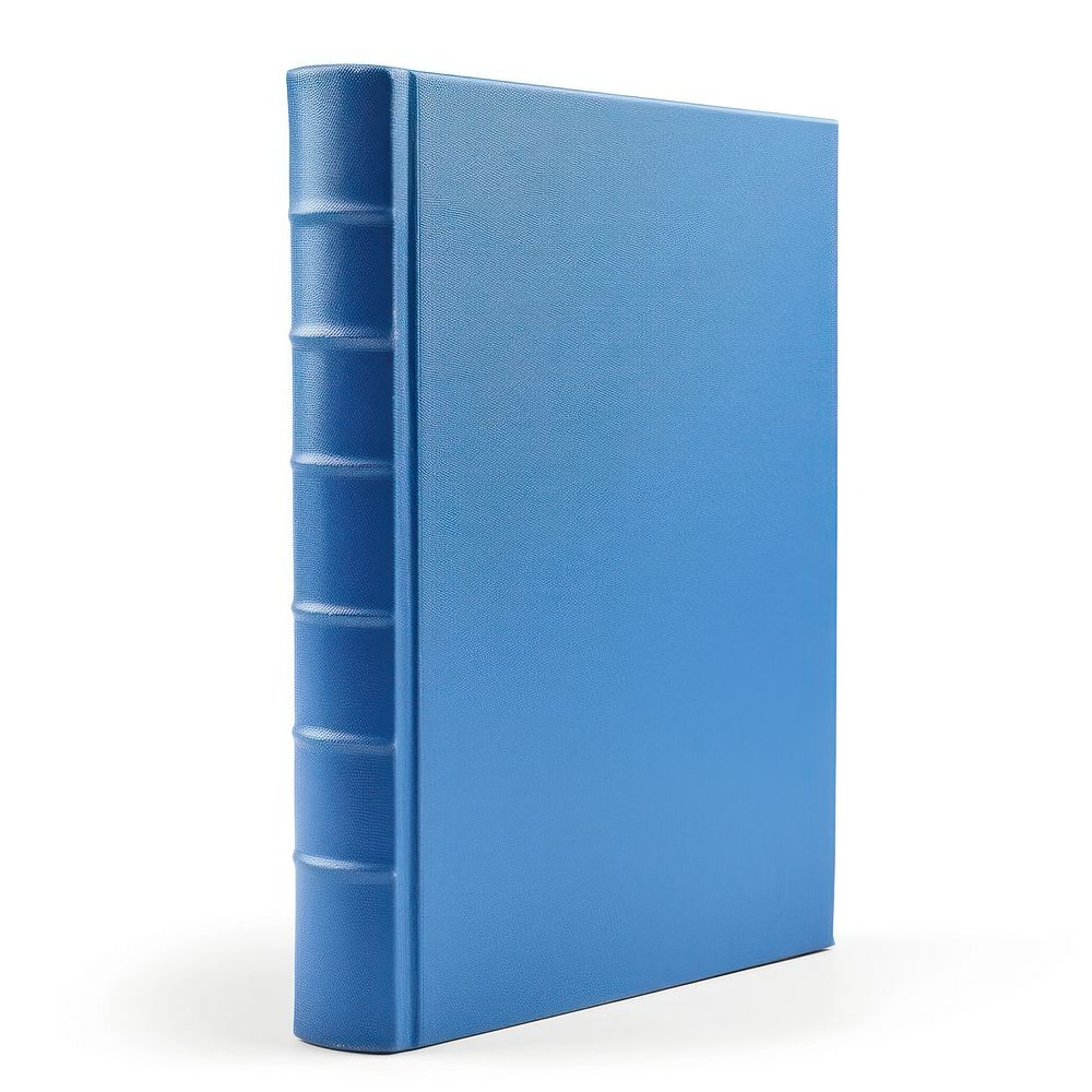 Blue hard cover book blue white background publication.