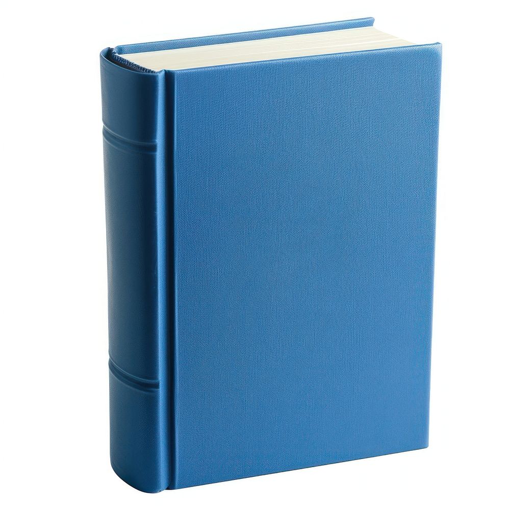 Blue hard cover book blue white background publication.