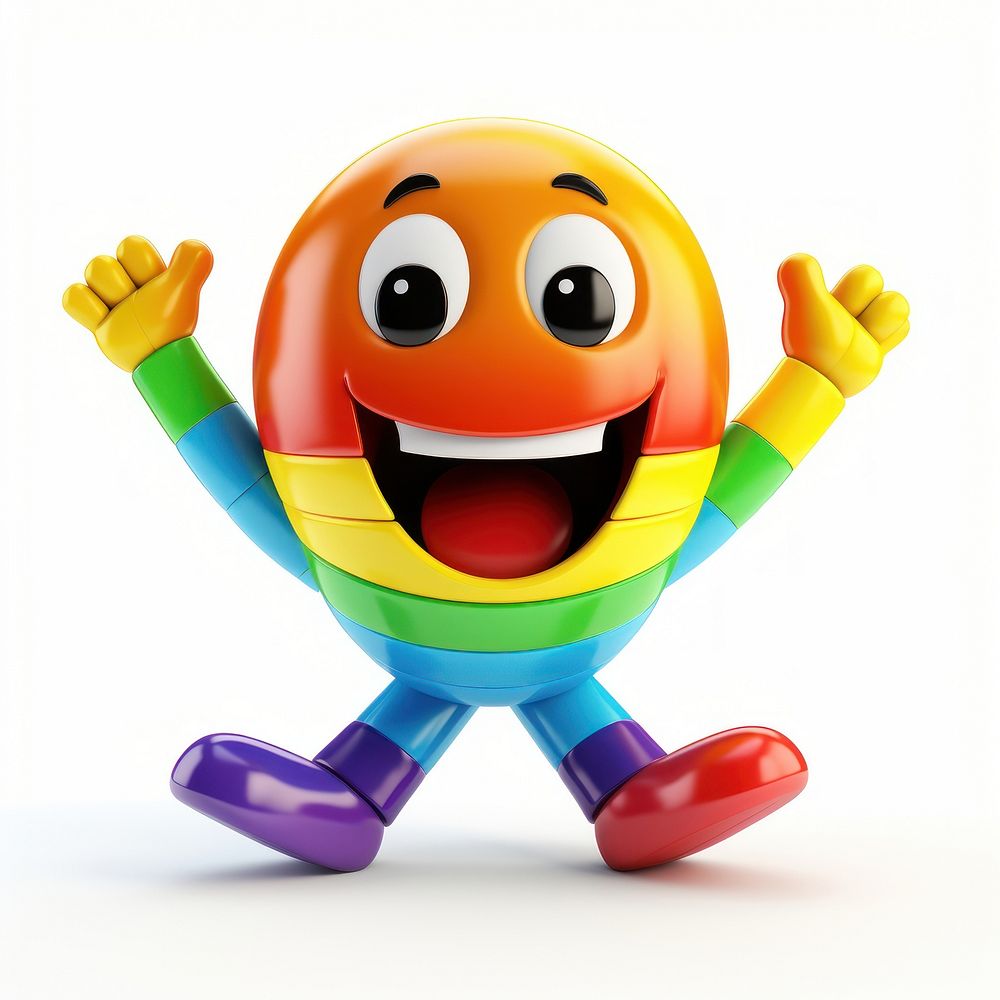 Happy rainbow character with jumping legs cartoon toy white background.