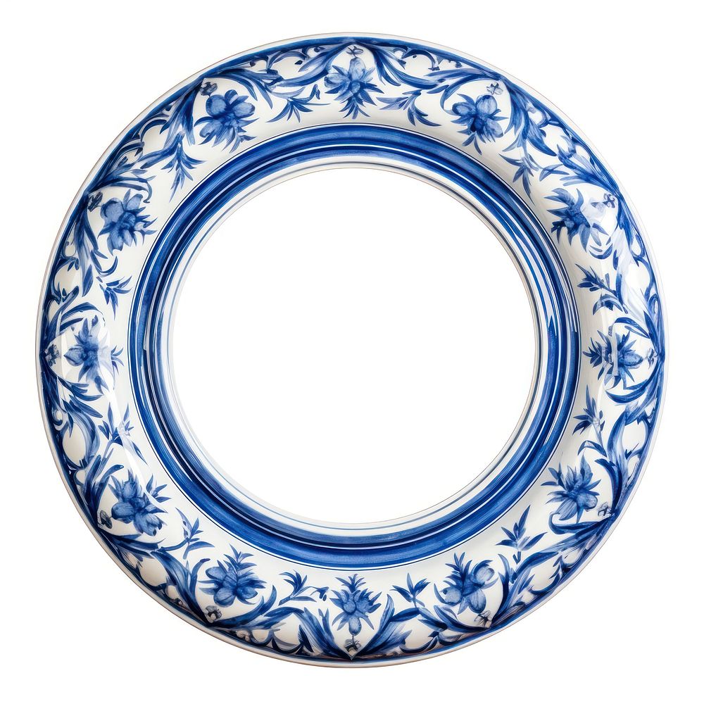 Blue white wood texture ceramic circle Renaissance frame vintage porcelain platter plate.