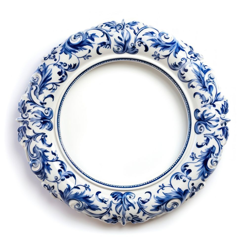 Blue white wood texture ceramic circle Renaissance frame vintage porcelain plate food.