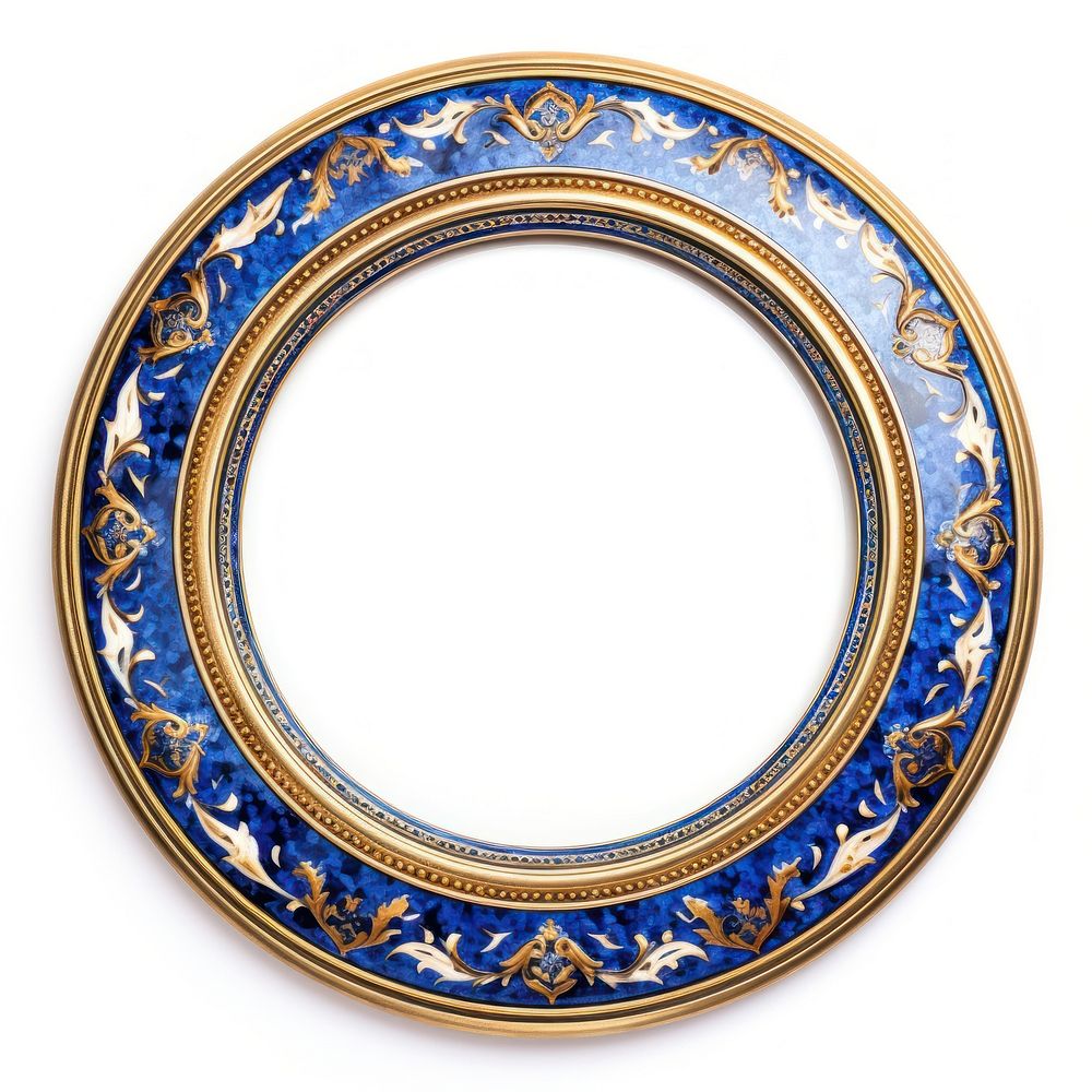 Blue gold wood texture ceramic circle Renaissance frame vintage porcelain jewelry photo.