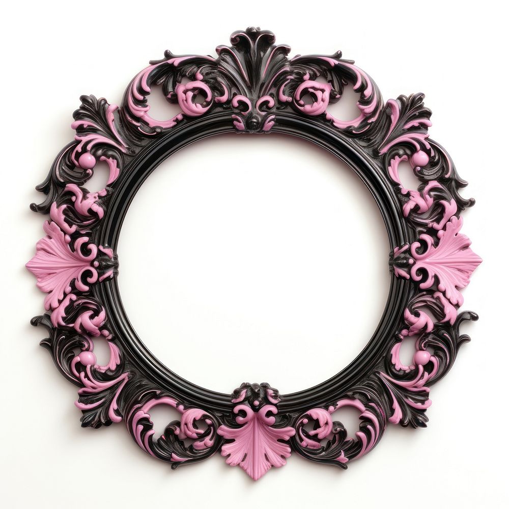 Black pink ceramic circle Renaissance frame vintage jewelry photo white background.