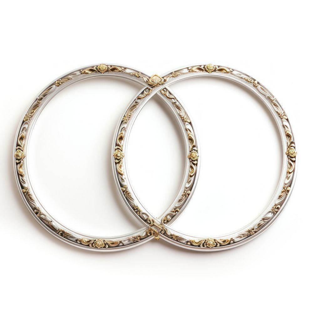 White gold ceramic circle Renaissance frame vintage jewelry bangles white background.