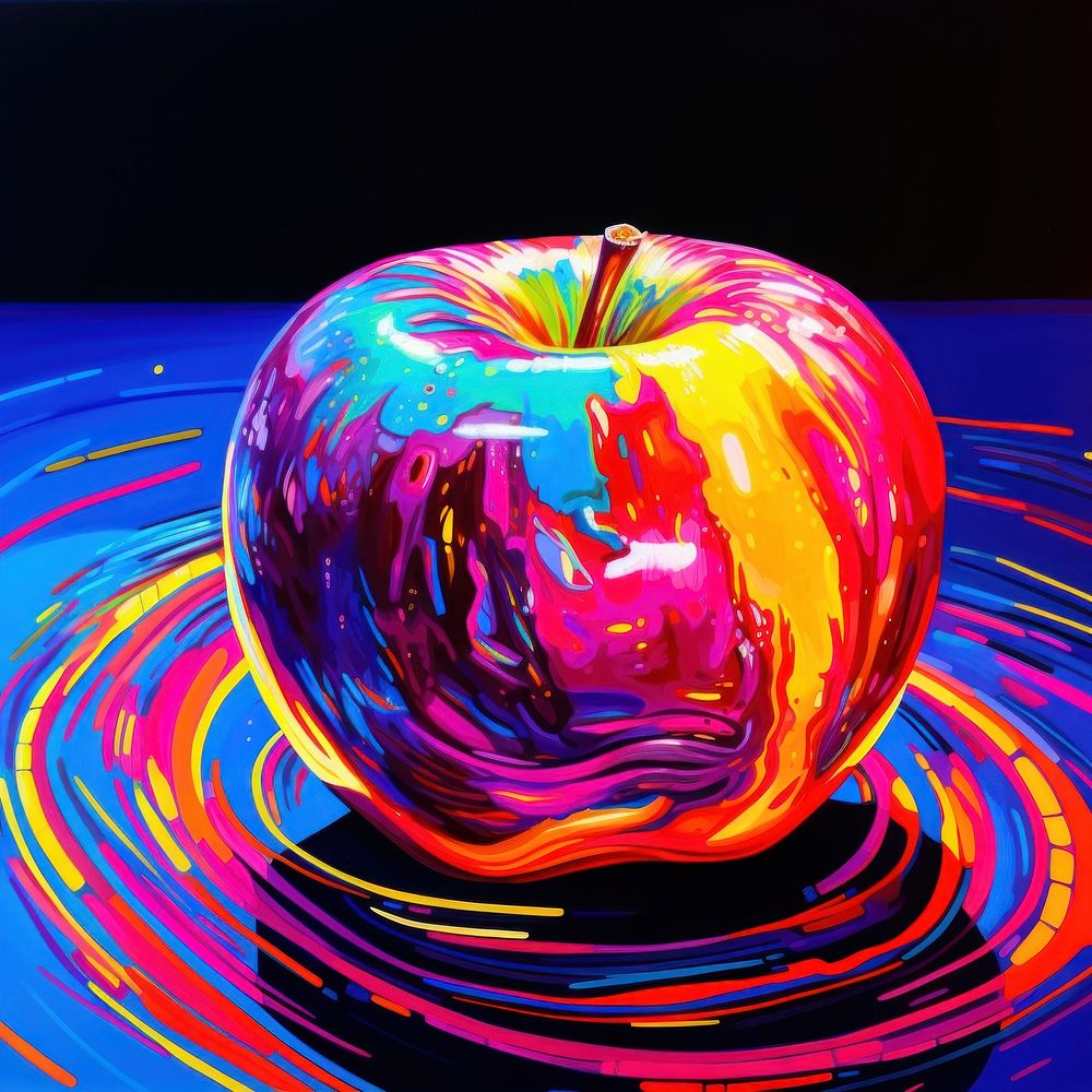Black light oil painting of apple purple fruit blue.