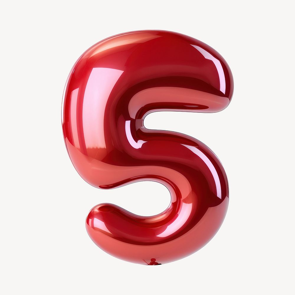 Number 5 shape balloon red white background.