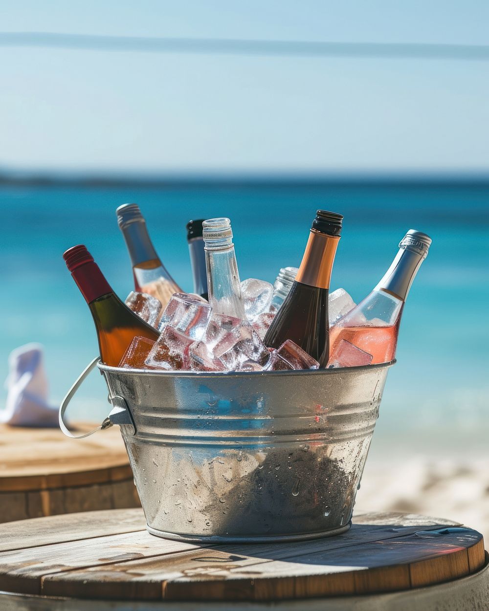 Assorted wine bottles in a metal bucket full of ice put on wood table against beach view outdoors vacation summer.