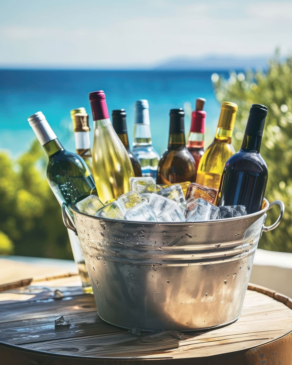 Assorted wine bottles in a metal bucket full of ice put on wood table against beach view outdoors summer drink.