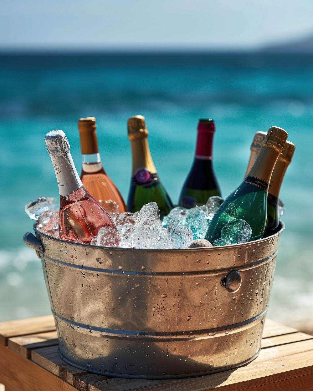 Assorted wine bottles in a metal bucket full of ice put on wood table against beach view vacation outdoors summer.