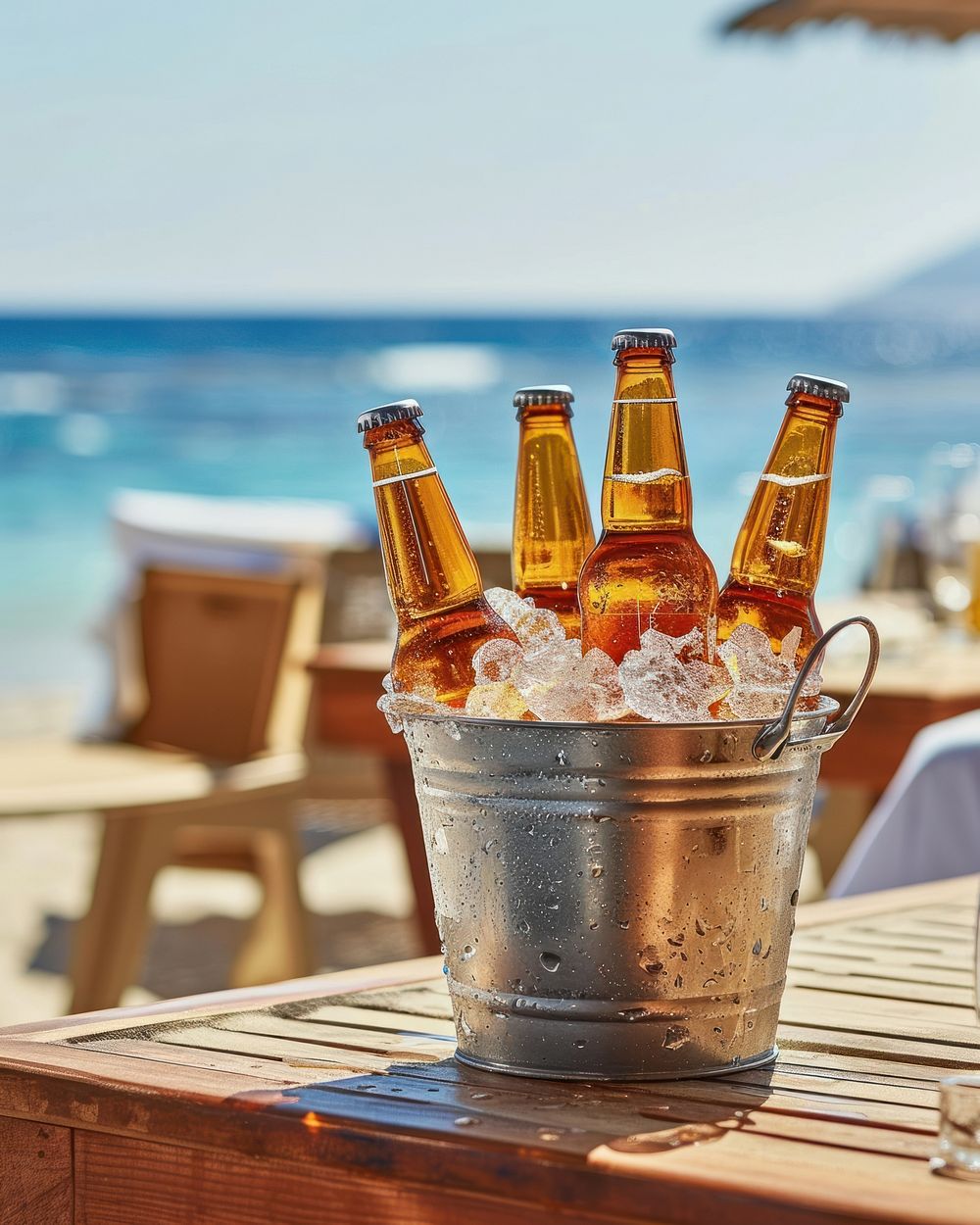 Assorted beer bottles in a metal bucket full of ice put on wood table against beach view vacation summer drink.
