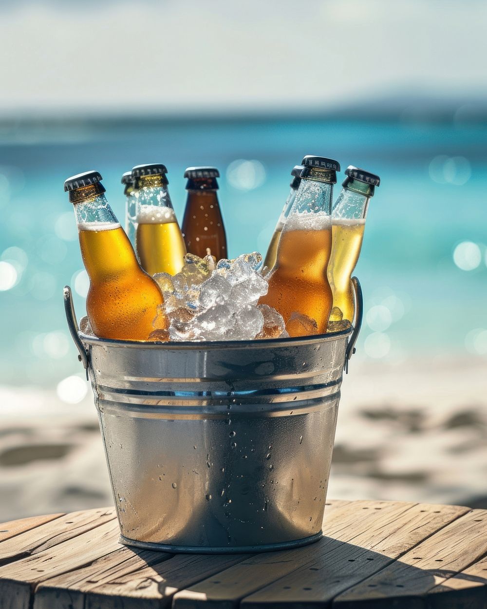 Assorted beer bottles in a metal bucket full of ice put on wood table against beach view vacation summer drink.