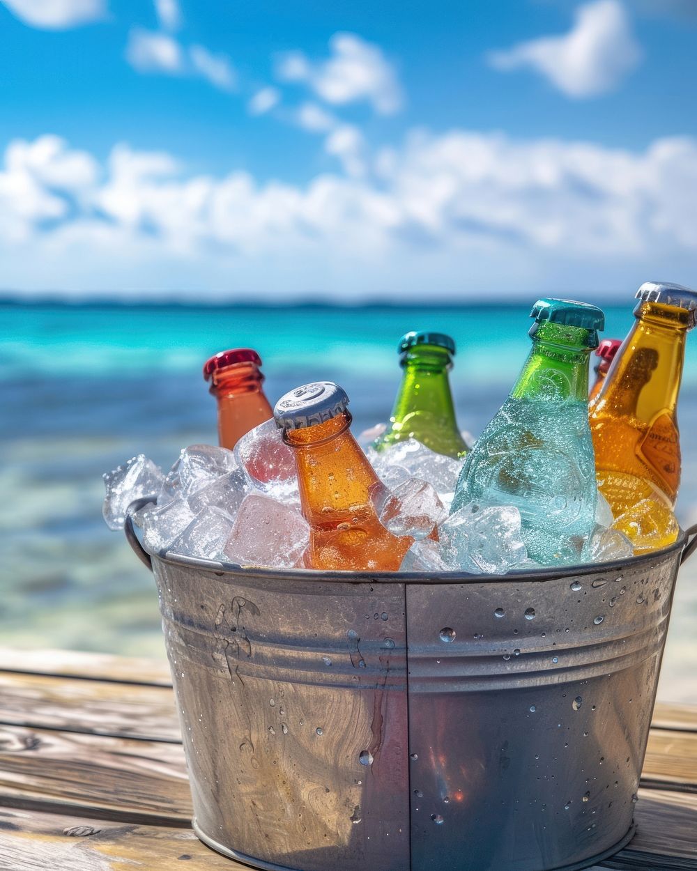 Assorted soda bottles in a metal bucket full of ice put on wood table against beach view vacation summer drink.