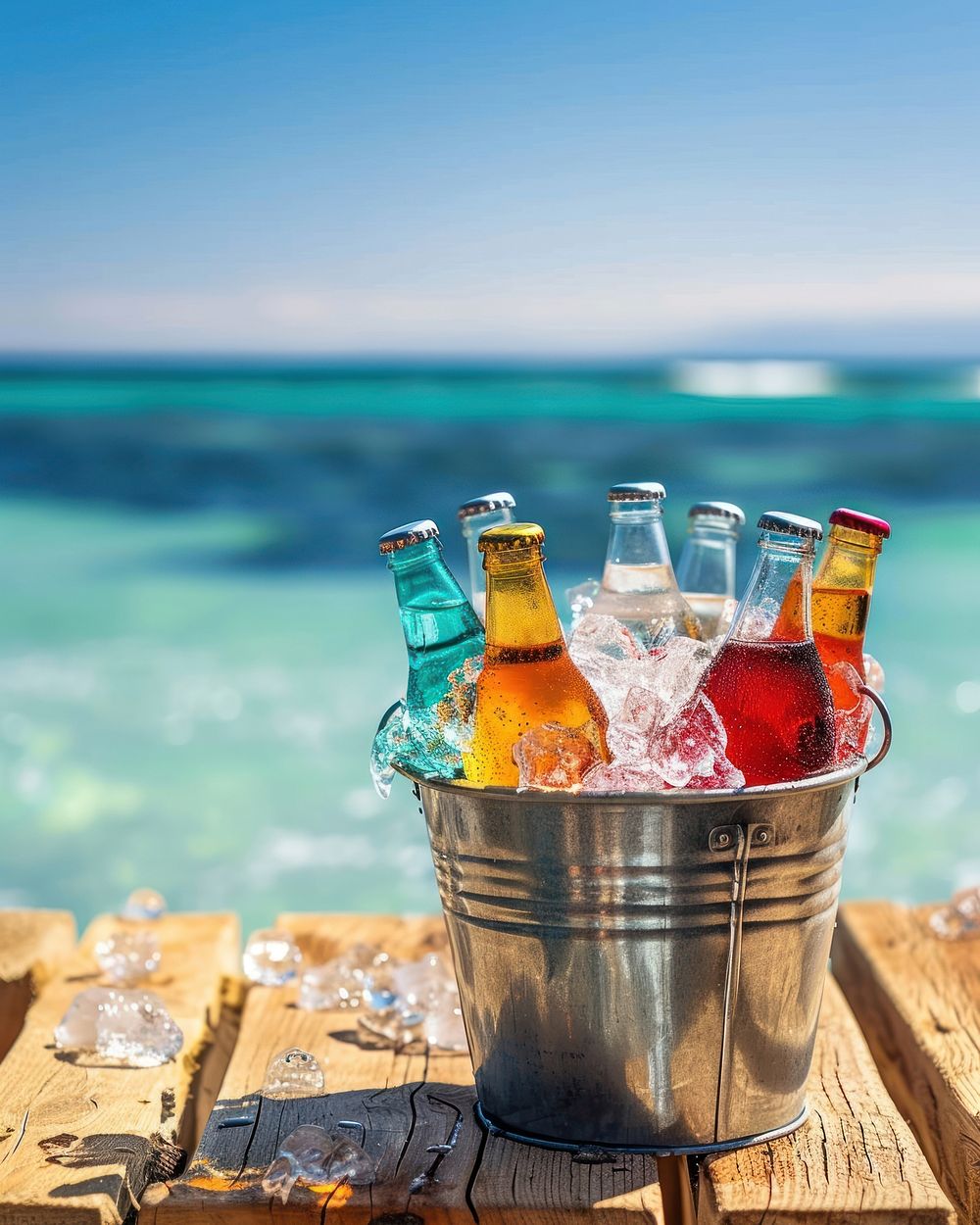 Assorted soda bottles in a metal bucket full of ice put on wood table against beach view outdoors vacation summer.