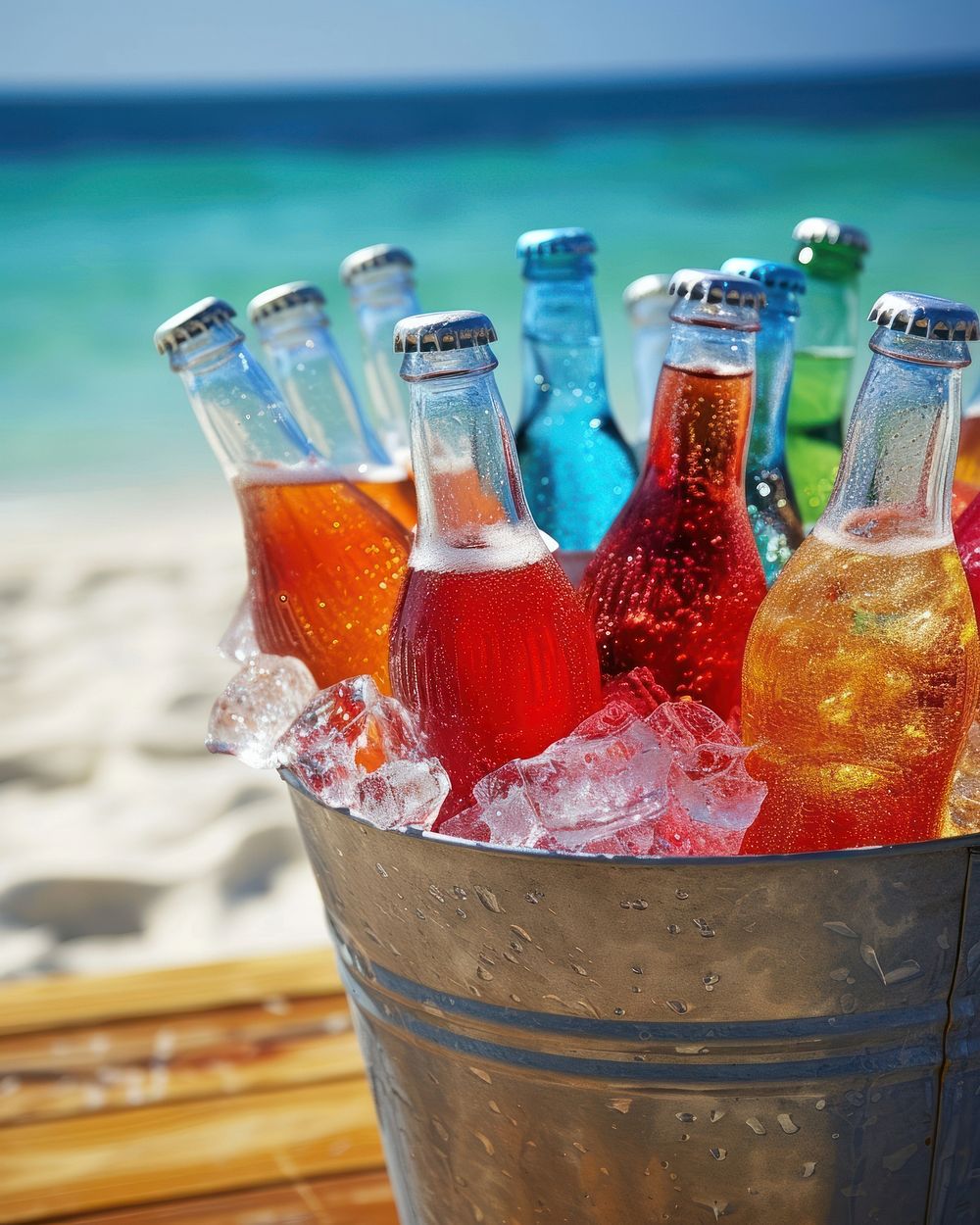 Assorted soda bottles in a metal bucket full of ice put on wood table against beach view summer drink beer.