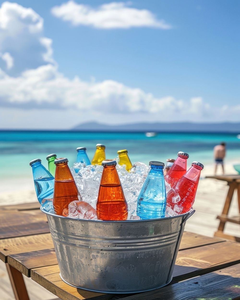 Assorted soda bottles in a metal bucket full of ice put on wood table against beach view summer outdoors vacation.