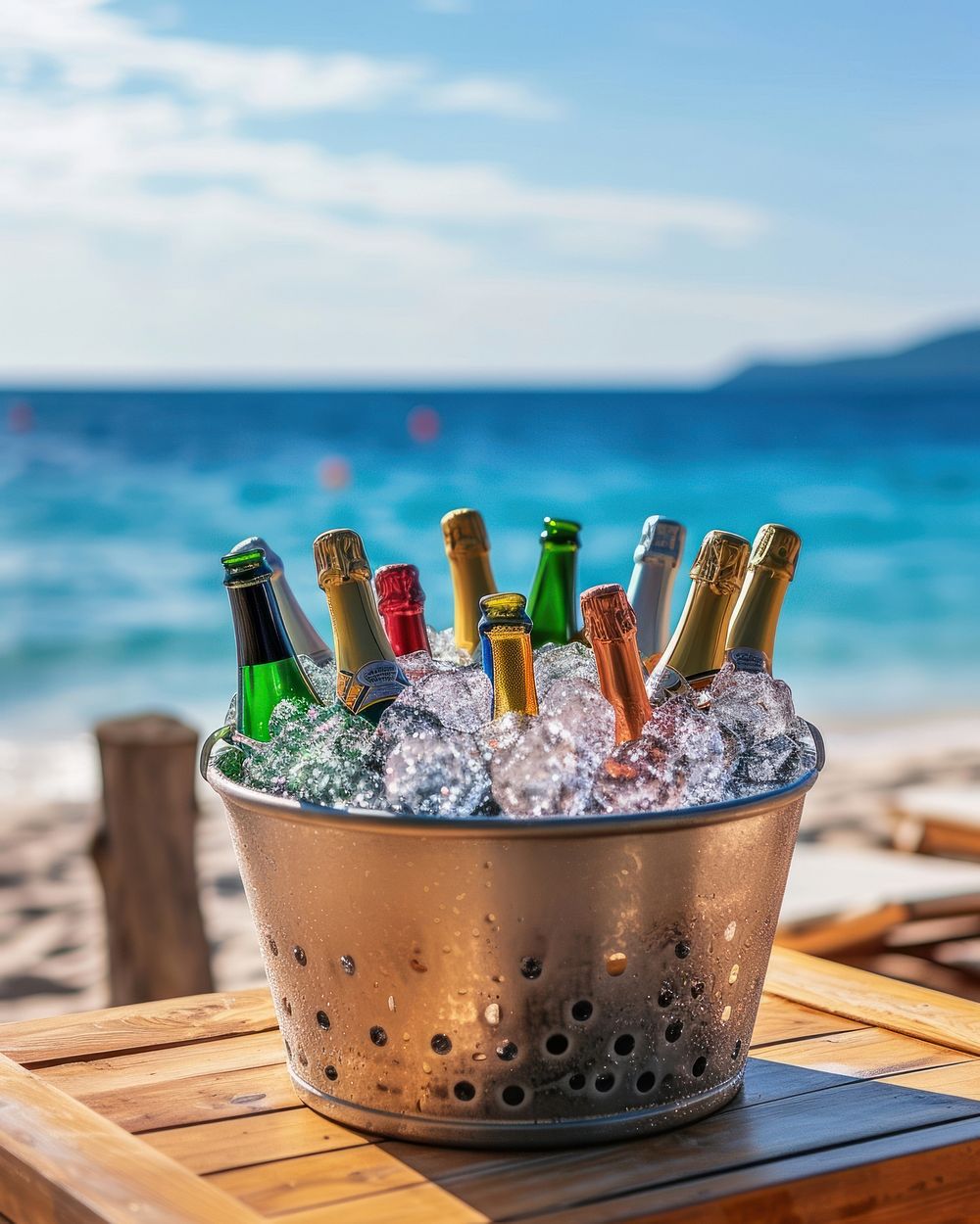 Assorted sparking wine bottles in a metal bucket full of ice put on wood table against beach view outdoors vacation summer.