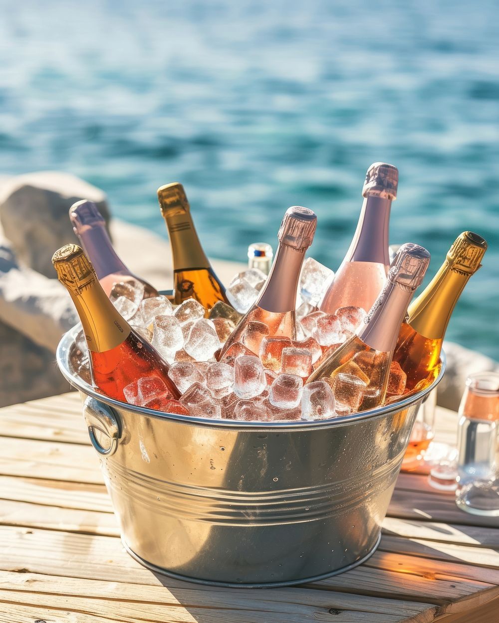 Assorted sparking wine bottles in a metal bucket full of ice put on wood table against beach view outdoors summer drink.