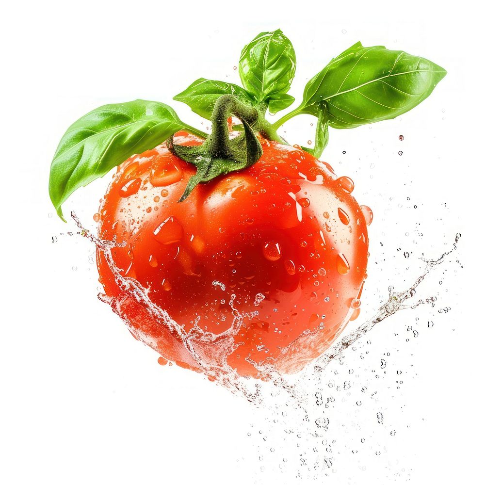 Flying one tomato with a little bit splashes and basil leaves vegetable plant food.