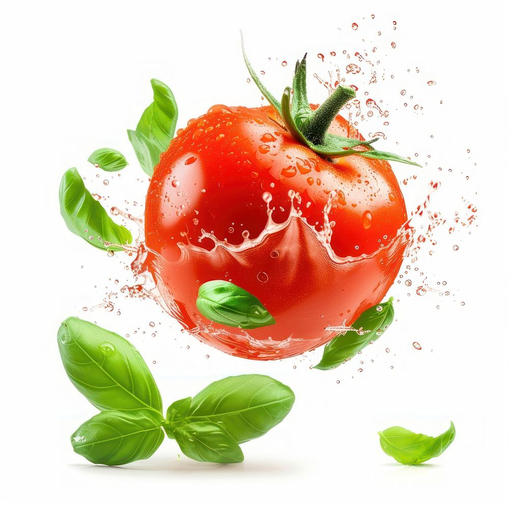 Flying tomato with a bit splashes and basil leaves vegetable plant food.