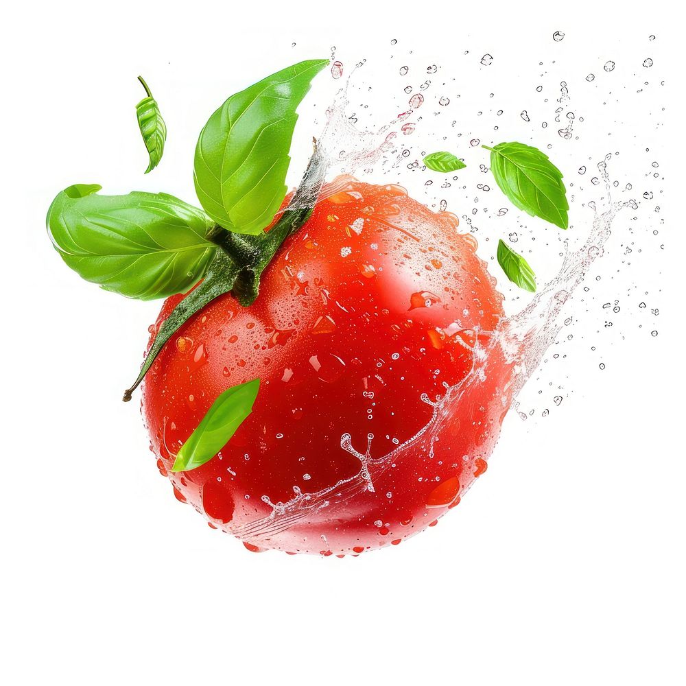 Flying tomato with a bit splashes and basil leaves strawberry fruit plant.