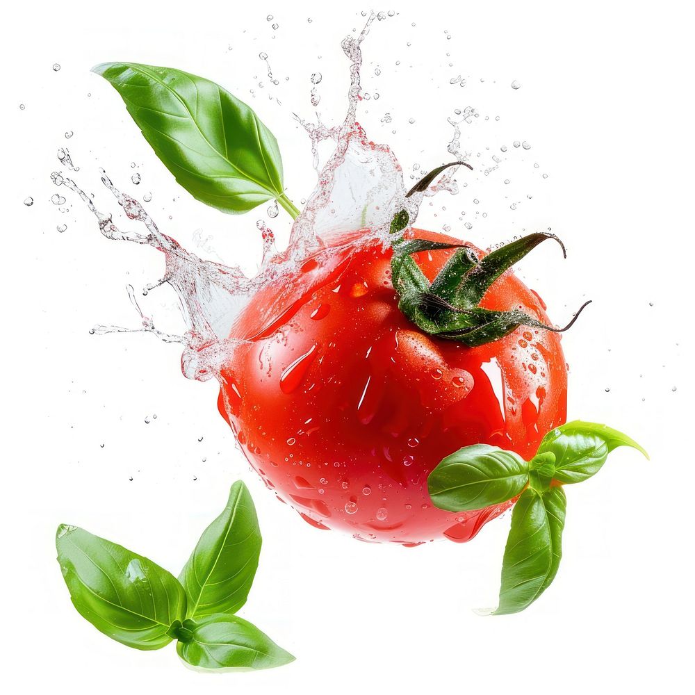 Flying tomato with a bit splashes and basil leaves vegetable fruit plant.