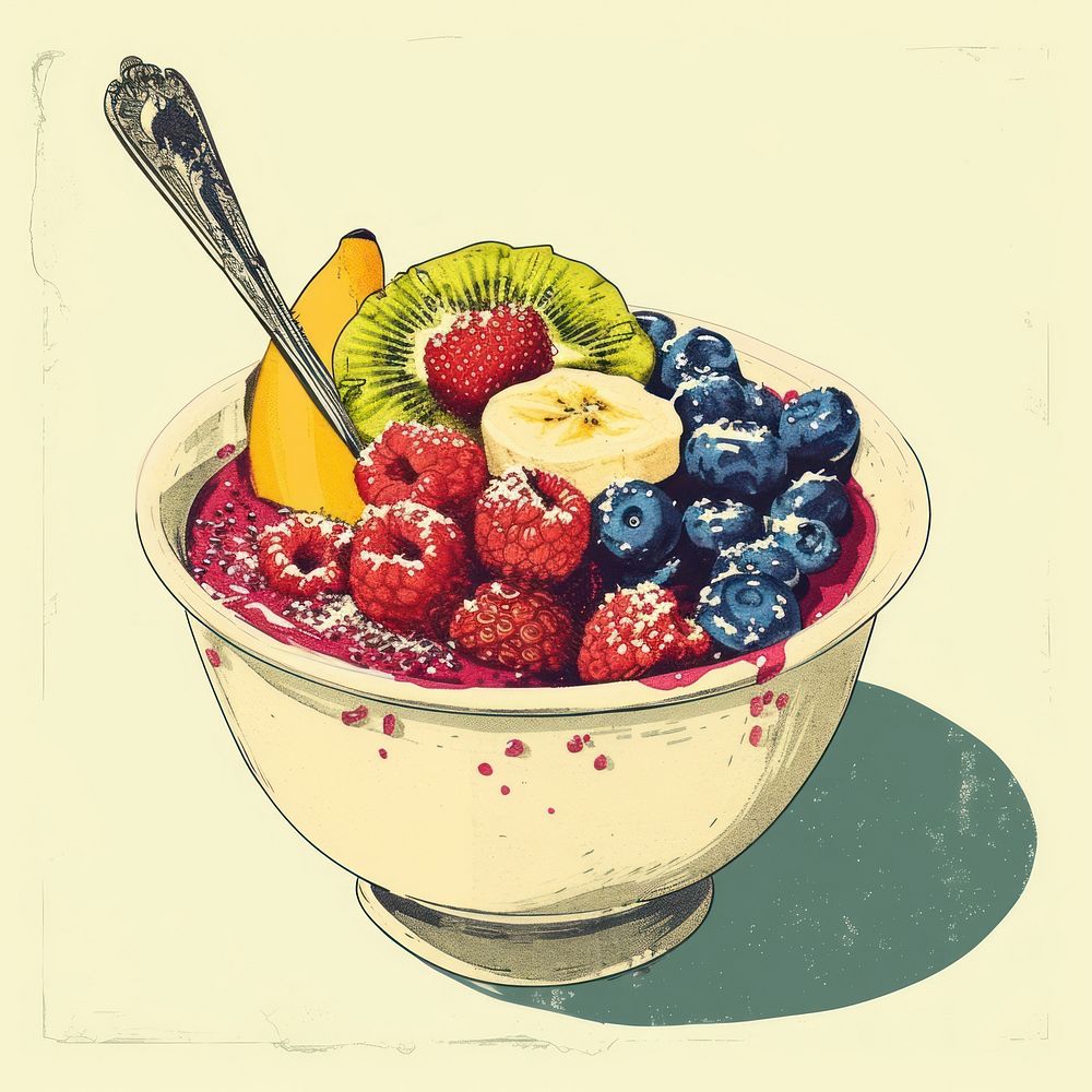 Vintage illustration acai bowl blueberry fruit plant.