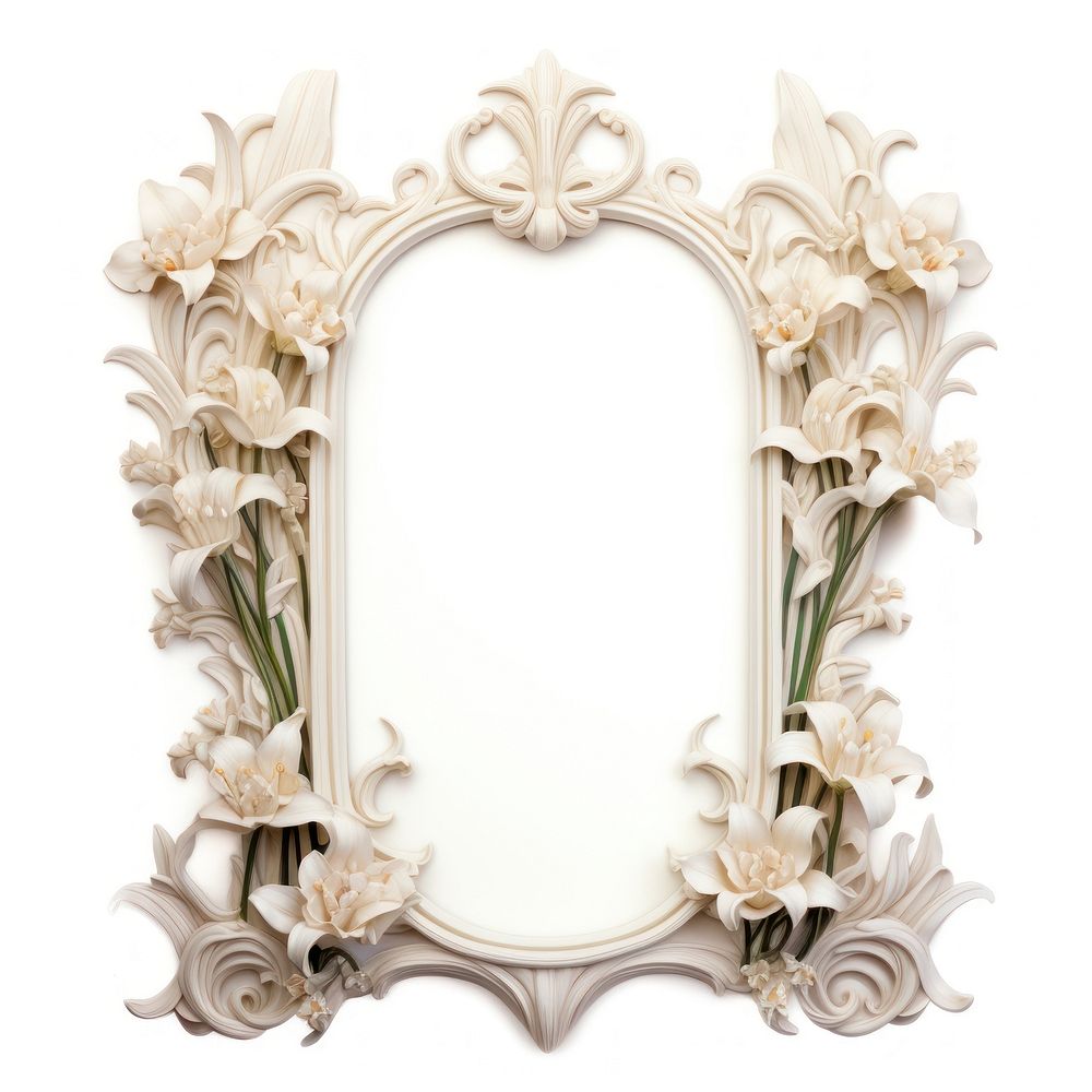 Nouveau art of flower stalks frame white photo white background.