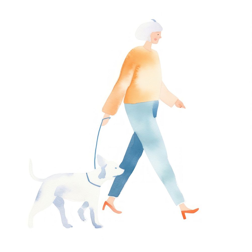Old woman walking leash adult dog.