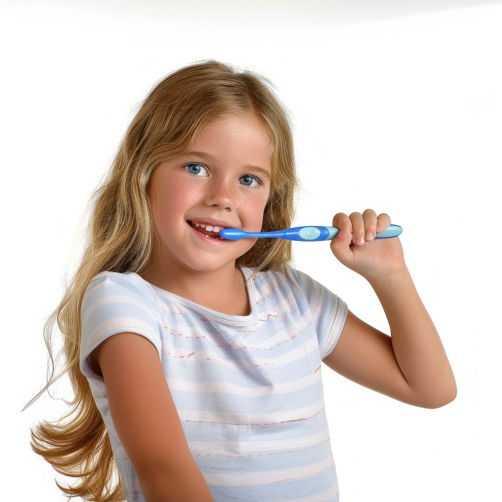 Brushing her teeth toothbrush white background hairstyle.