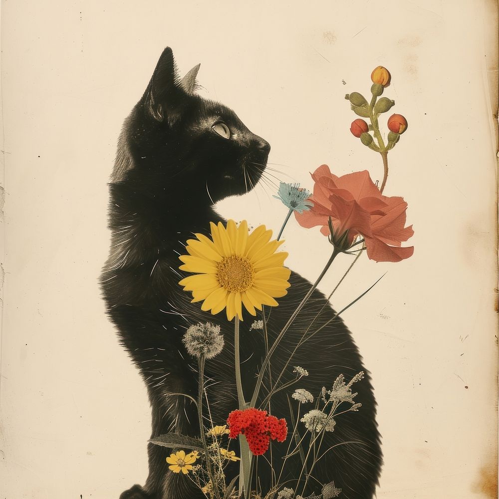 Paper collage of cat flower painting animal.