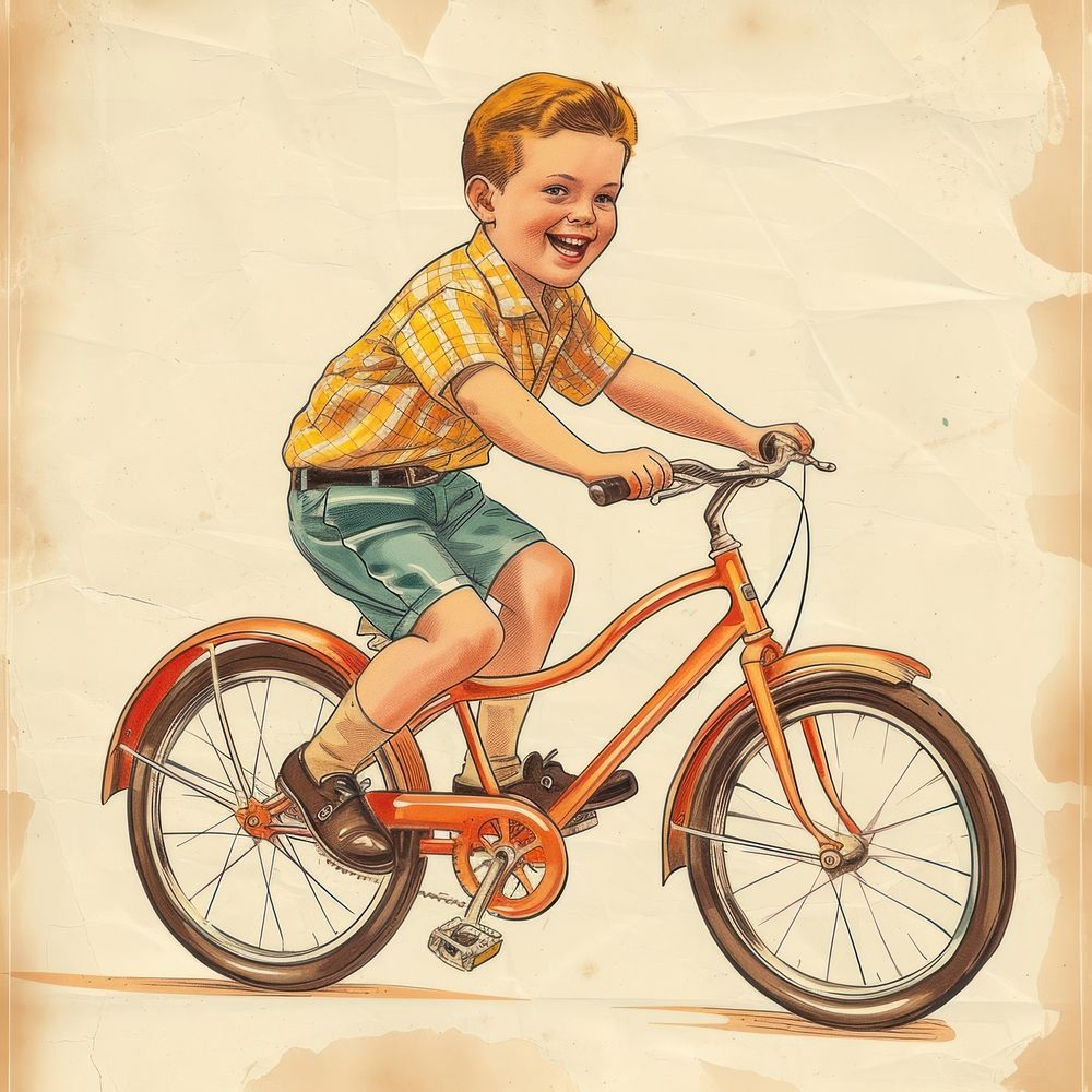 Vintage illustration boy bicycle vehicle cycling.
