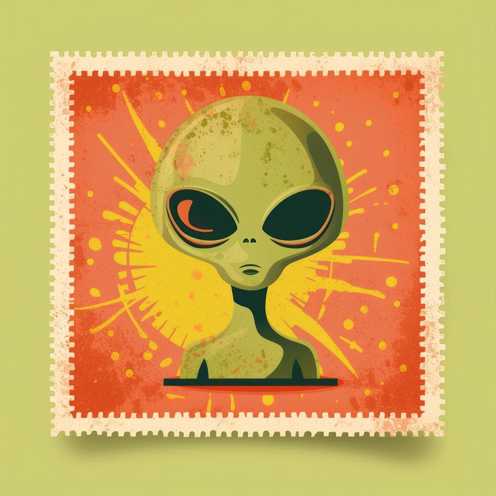 Vintage postage stamp with alien representation creativity blackboard.